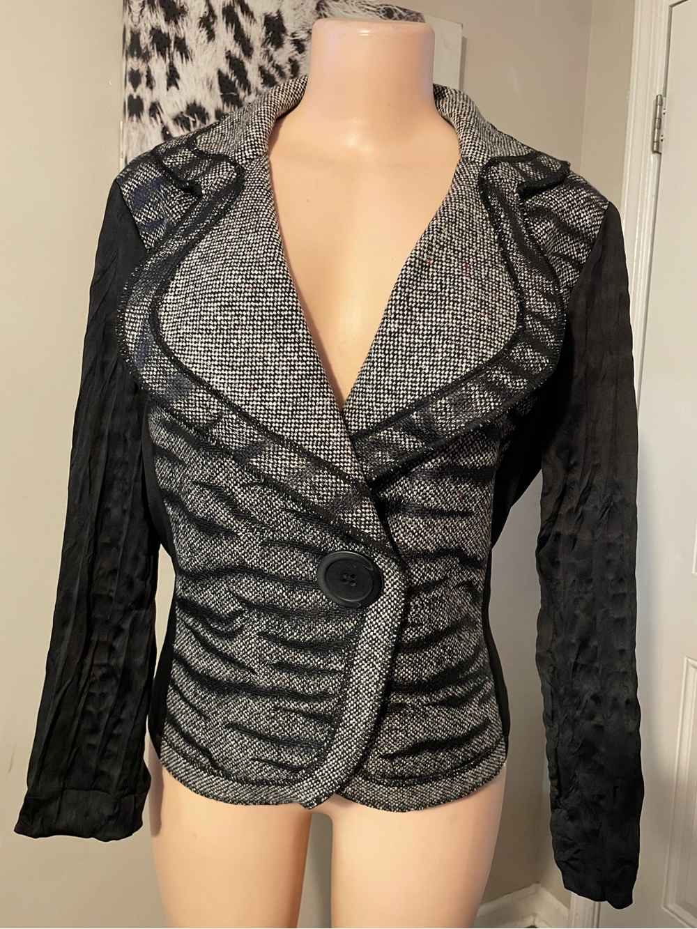 Alberto Makali tweed jacket black stretch sleeves asymmetric draped collar wool